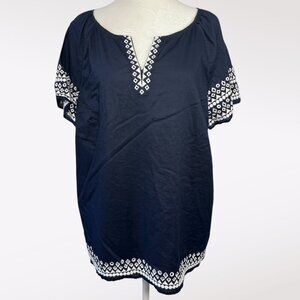 Talbots Petites Navy Embroidered Cotton Blouse XLP